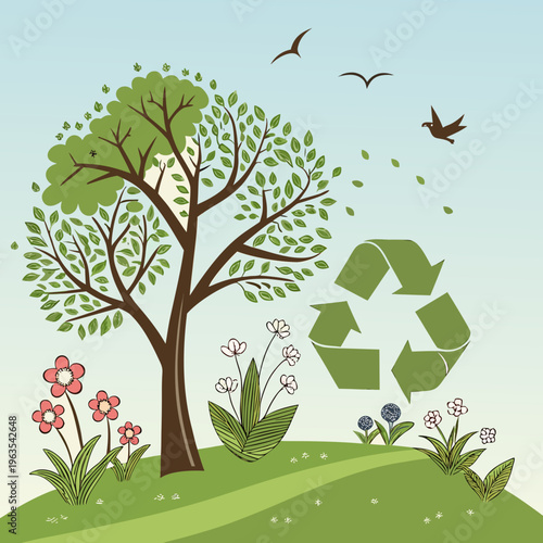 Recycle symbol with tree and flowers on a hill, ecological environmental concept illustration, eco friendly