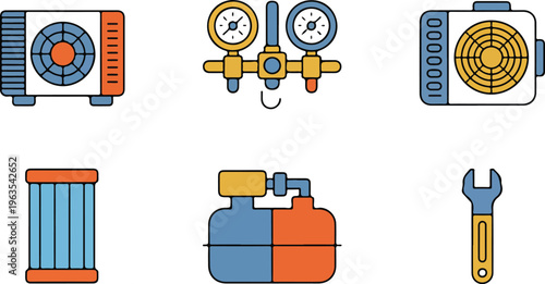 HVAC air conditioning repair icons set featuring outdoor unit manifold gauge compressor filter and wrench for maintenance service