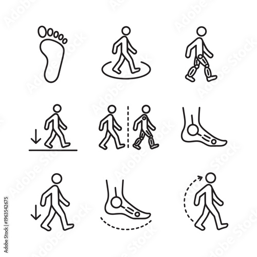 Line art icons depicting various stages of walking and foot anatomy