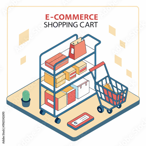 Isometric e-commerce shopping cart with cardboard boxes, online retail business concept