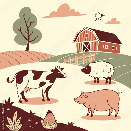 Farm life landscape illustration with barn cow sheep and pig in a minimalist vector style