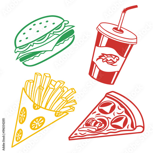 Fast food meal set including hamburger pizza slice soda and french fries line art icon design