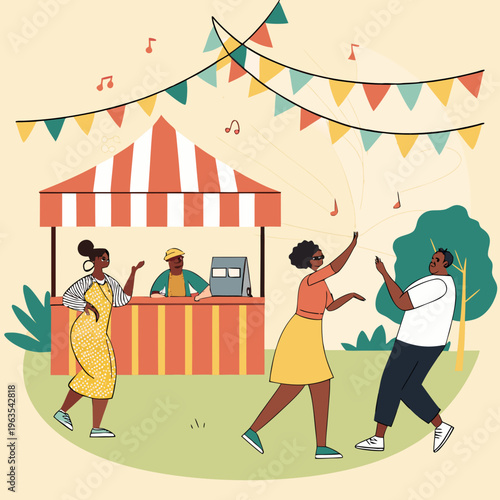 People dancing at outdoor festival fair event with food stall and bunting flags flat illustration