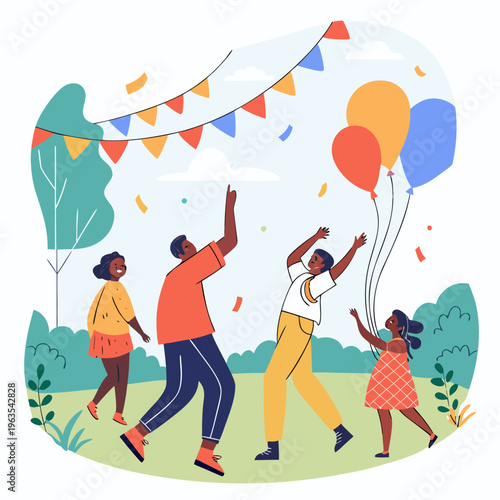 People celebrating with balloons and confetti at outdoor festival flat vector illustration