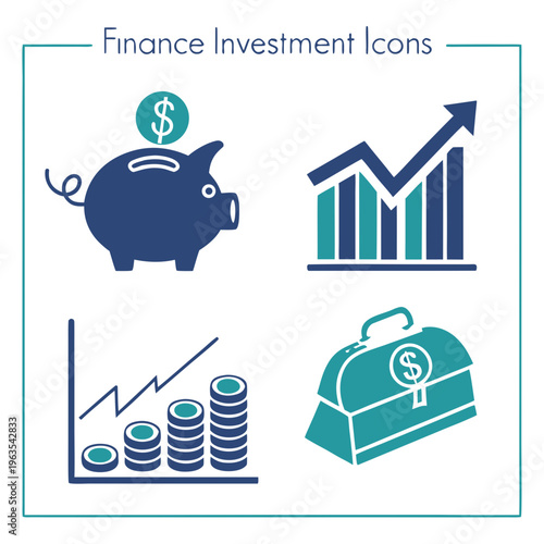 Finance investment icons set with piggy bank chart coins and briefcase vector graphics