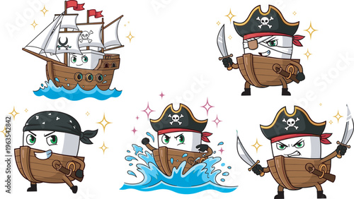 Set of cute cartoon pirate ship character mascot collection with swords and hats cad drawing flat vector illustration minimalist silhouette style for kids stickers