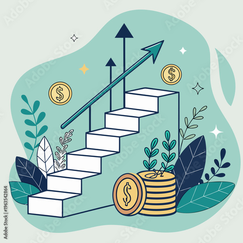 Financial success staircase: illustration of money growth, coins, and plants symbolizing wealth accumulation, flat design, financial well being, asset growth