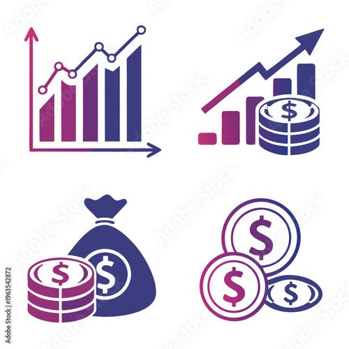 Financial growth icons: bar chart, growing coins, and money bag for business and investment concepts, bar graph, financial planning, abstract graphic