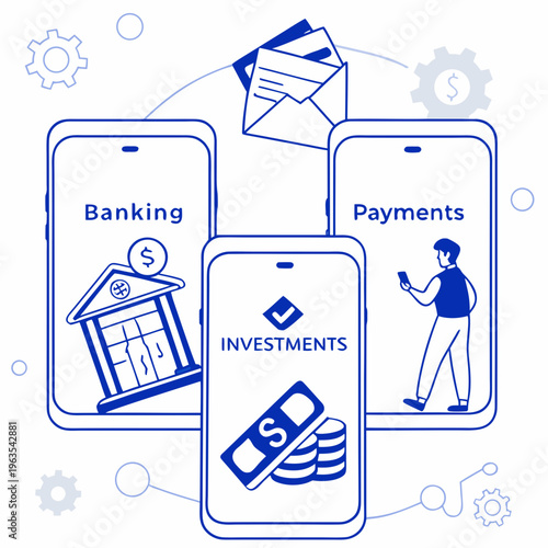 Digital finance app: online banking, payments, and investments on smartphones with icons and graphs, e commerce, payment gateway, line art, financial technology, user interface, web design