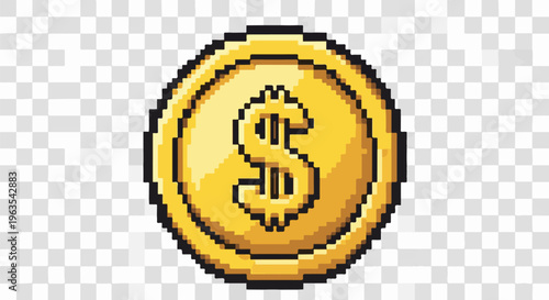Pixelated gold coin with a dollar symbol in a retro, 8-bit video game style
