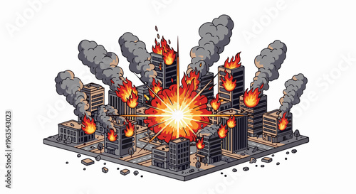 Pixelated cityscape engulfed in a massive, fiery explosion with dark smoke plumes