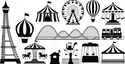 Amusement park silhouette set, carnival rides icons, ferris wheel circus tent roller coaster vector, black isolated theme park illustration