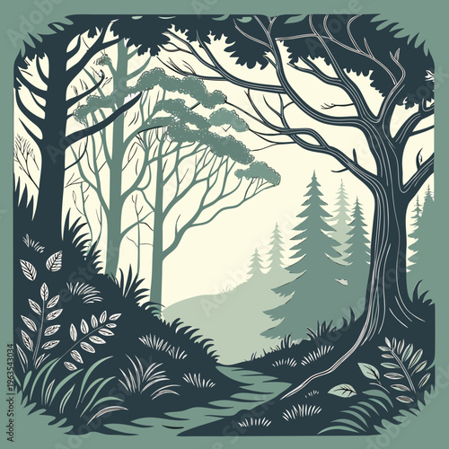 Stylized forest path vector illustration with evergreen trees and lush foliage in a calm natural setting