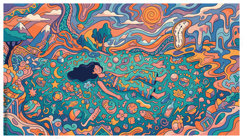 Woman floating on vibrant psychedelic water.