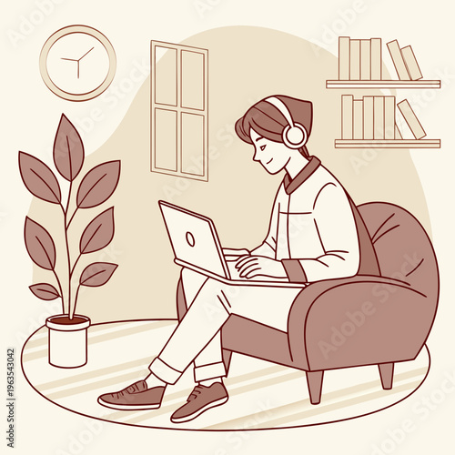Minimalist flat illustration of a young man working on a laptop in a comfortable living room home office
