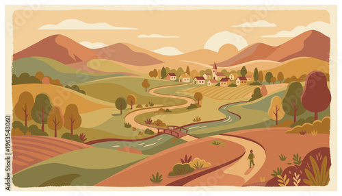 Scenic rural landscape with rolling hills and mountains.