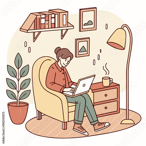 Woman working on laptop in comfortable cozy living room home office setup illustration