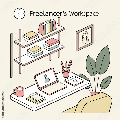 Freelancer workspace desk setup with laptop and bookshelves isometric vector illustration