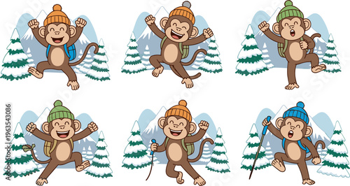 Set of cute cartoon monkey character hiking in winter mountains with snowy trees cad drawing flat vector illustration minimalist silhouette for children book