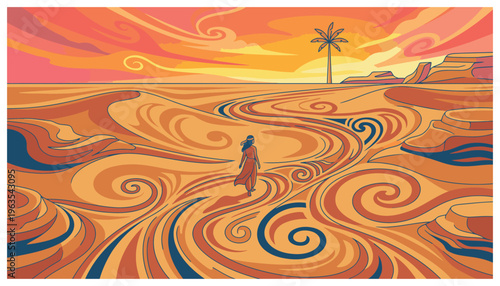a person standing on a swirling desert landscape.