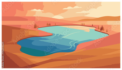 Serene desert oasis landscape with river.