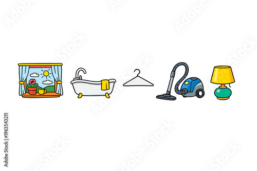 Household items show daily activities in a simple home setting during daytime