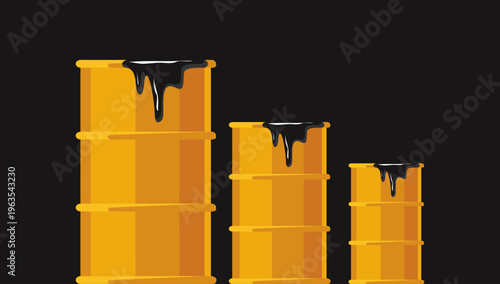 Vector Illustration of Three Yellow Oil Barrels Showing Petroleum Storage Energy Industry Concept on Dark Background