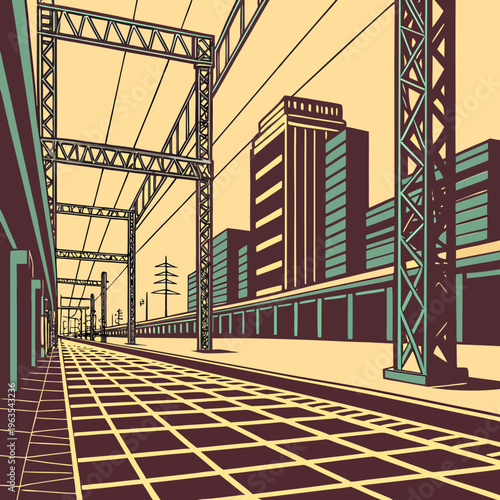 Urban railway station platform with power lines and city skyscrapers