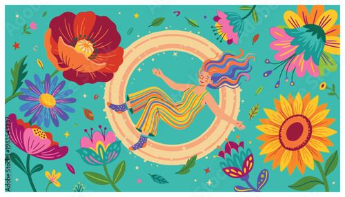 Vibrant illustration of a girl dancing surrounded by colorful flowers and butterflies.