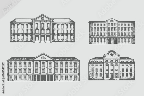 Vintage hotel building, engraved hand drawn in sketch or wood cut style hotel isolated vector realistic illustration