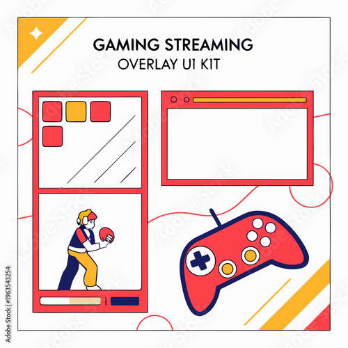 Gaming streaming overlay UI kit with character and controller graphic