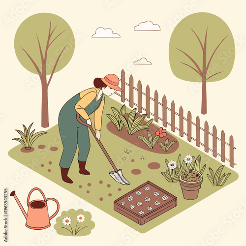 Woman gardening in backyard garden with tools and plants