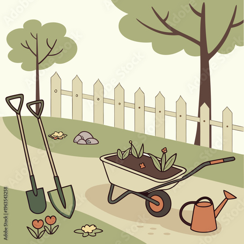 Garden tools and wheelbarrow with flowers in backyard