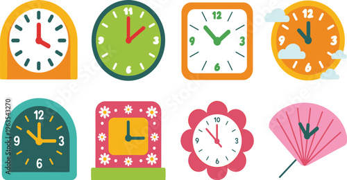 Colorful cartoon clock set illustration, cute wall clocks collection, time concept vector icons, modern design isolated on white background