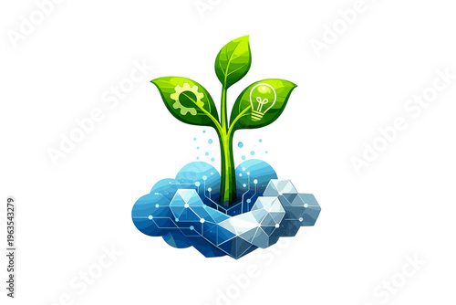 Plant grows from cloud with gears and light bulb symbols for technology and nature concept