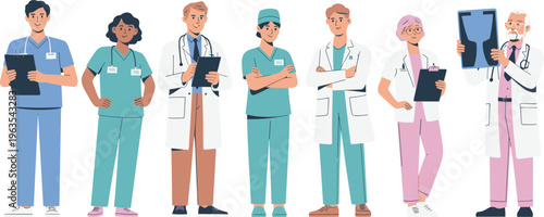 Diverse medical team of doctors and nurses holding clipboard and X-ray, representing healthcare professionals in modern hospital illustration