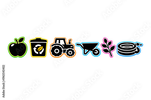 Graphic showing agricultural and gardening tools along with plants and waste recycling symbols in flat design style