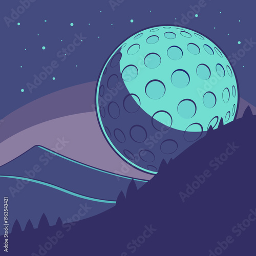 Golf ball as a moon rising over mountain hills, futuristic landscape scene with golf theme, night sky with stars, digital illustration, sport and nature concept, flat vector graphic in blue tones