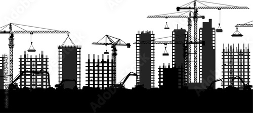 City skyline under construction with numerous cranes and buildings silhouette vector illustration