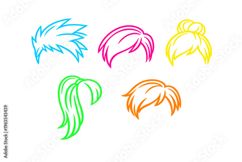 Different hairstyles in bright colors on a white background for design and illustration purposes