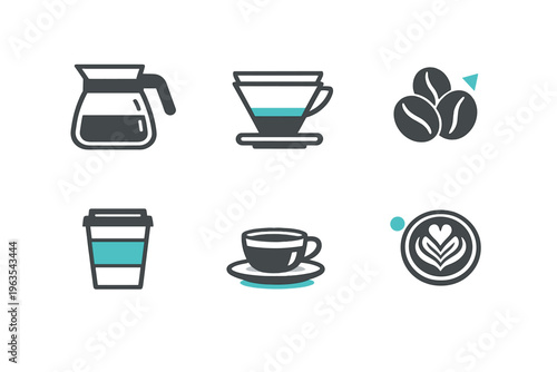 Coffee preparation tools and drinks are shown in a simple design with various elements including a brew pot and cups