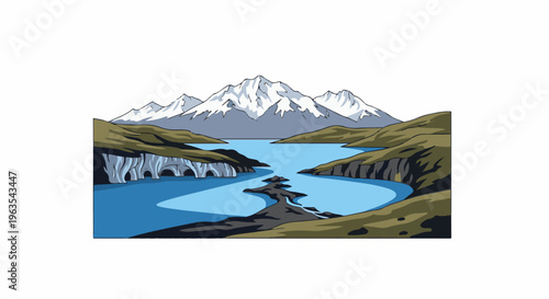 Pixelated mountain range and lake with rocky shores and caves
