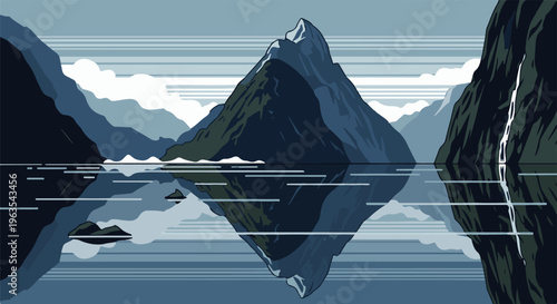 Pixelated mountain peak reflects in calm water, with waterfall