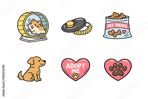 Cute pets and their toys are displayed in a fun design showing a hamster, a dog, and pet treats for animal lovers