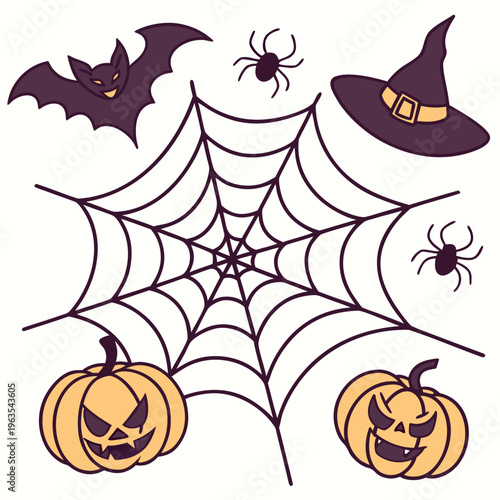Halloween elements set with spiders, web, bats, and pumpkins, jack o lantern