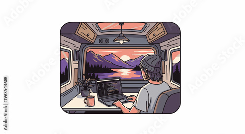Person coding in a campervan with a scenic mountain lake sunset view