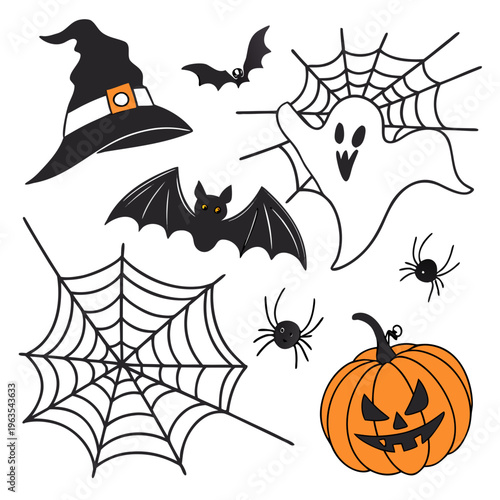 Halloween spooky collection with ghost, web, bats, and pumpkins, jack o lantern