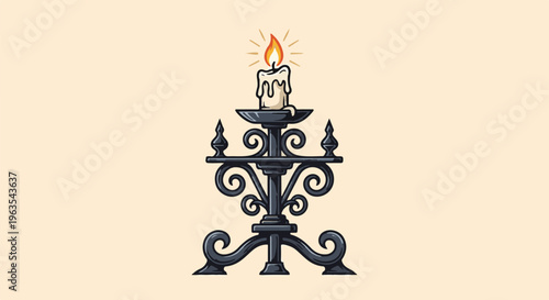 Ornate wrought iron candelabra holding a burning candle with dripping wax