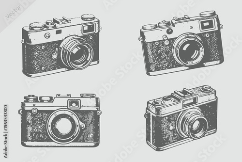 vintage, engraved hand drawn in sketch or wood cut style evolution of the photo, video, film, movie camera from first till, isolated vector realistic illustration