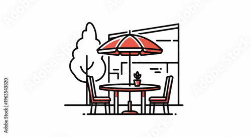 Outdoor cafe seating with umbrella, table, chairs, and potted plant